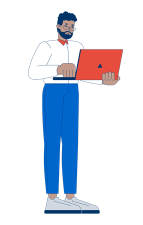 Business Casual schwarzer Mann steht mit Laptop tippen  Illustration