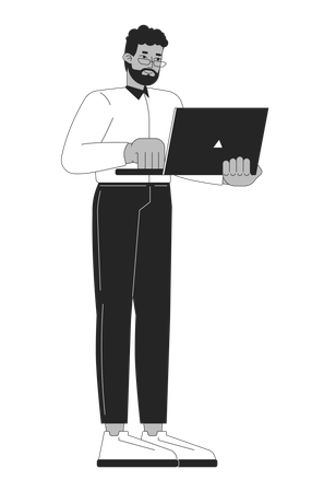 Business Casual schwarzer Mann steht mit Laptop tippen  Illustration