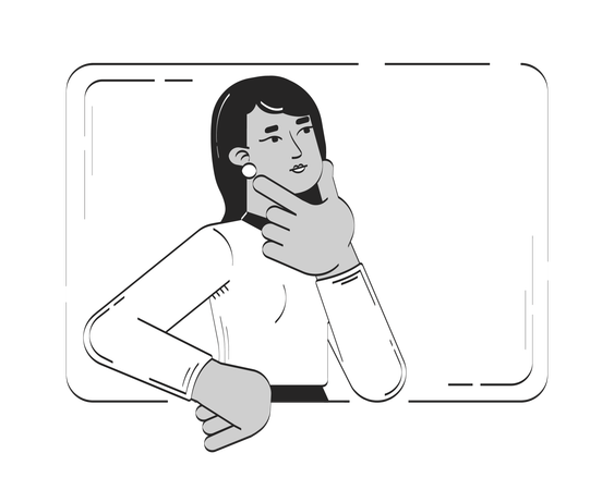 Business casual woman pondering with hand on chin in rectangle  Illustration