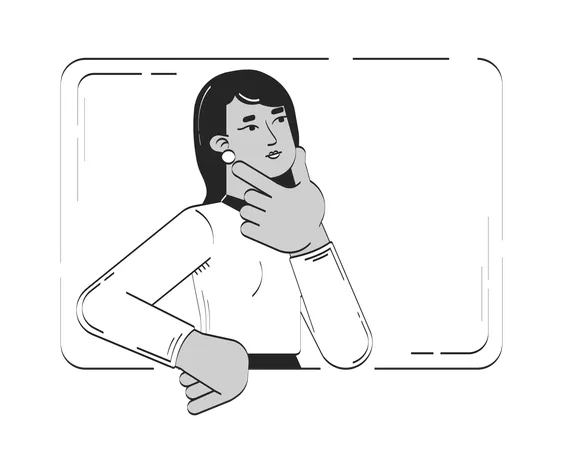 Business casual woman pondering with hand on chin in rectangle  Illustration