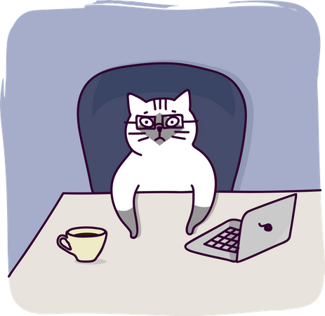 Gato de negócios trabalhando no laptop  Ilustração