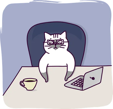 Gato de negócios trabalhando no laptop  Ilustração