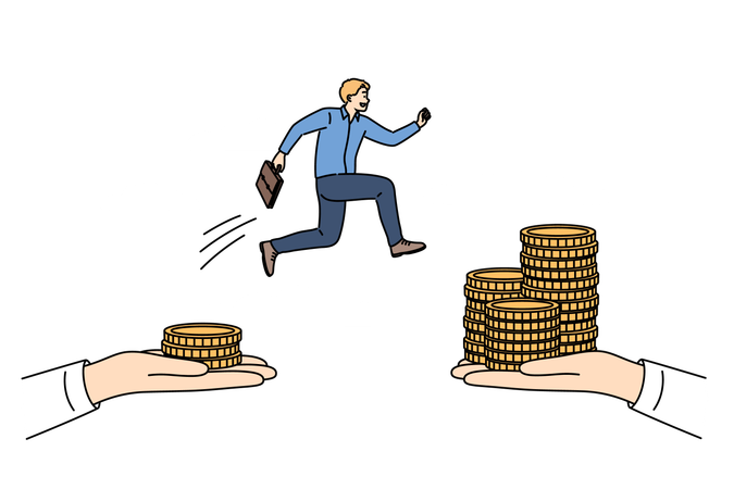 Business challenge for man who wants to earn more and jumps between hands with money  Illustration
