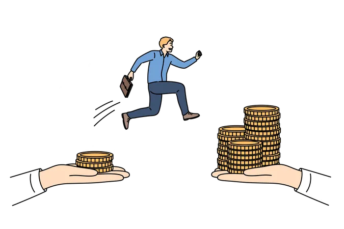 Business Challenge For Man Who Wants To Earn More And Jumps Between Hands With Money Challenge For Office Employee Motivated By Financial Income Received For Taking Risks In Work Process Illustration