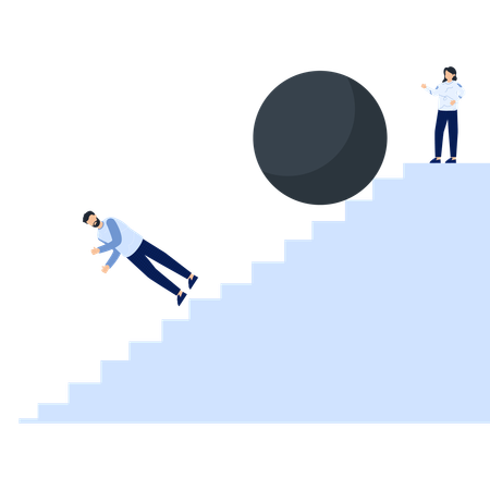 Business challenge with a falling figure and a large sphere on stairs  Illustration
