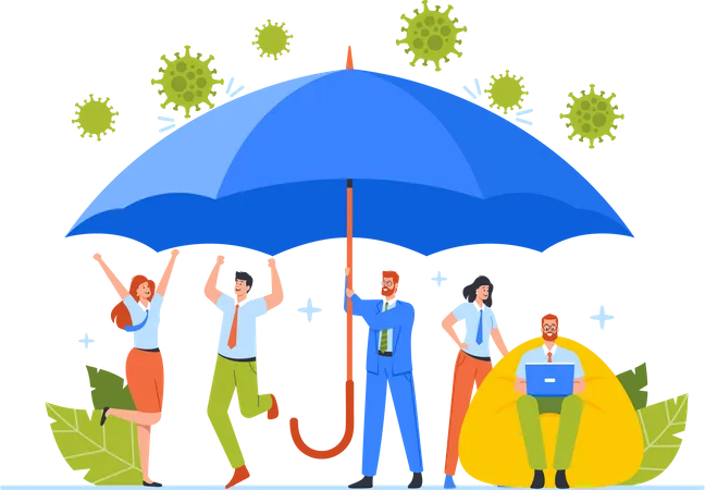 Business People Characters Rejoice Dance And Jump Under Huge Umbrella Hiding From Coronavirus Cells Stop Covid Virus Contamination And Pandemic Insurance Concept Cartoon Vector Illustration Illustration