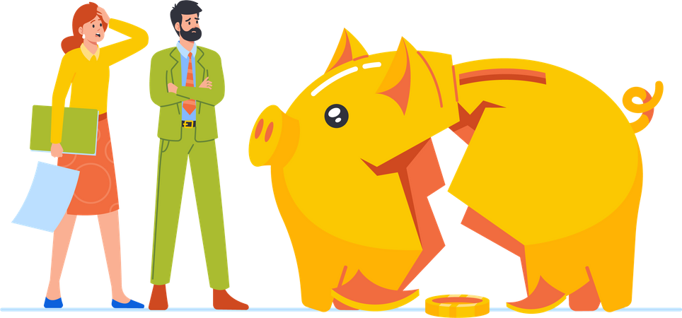Business Characters Stand At Broken Piggy Bank With Last Coin  Illustration