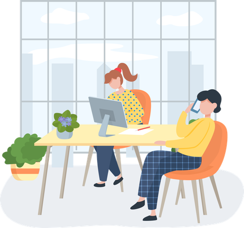 Business characters working in office workplace talking on phone  Illustration