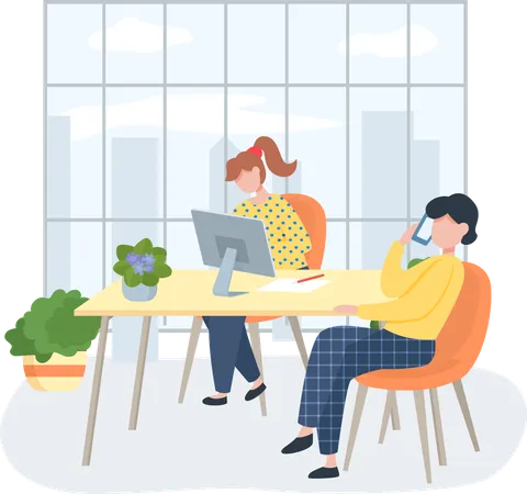 Business characters working in office workplace talking on phone  Illustration