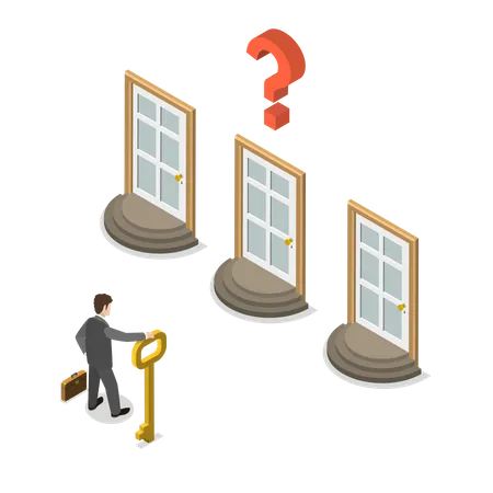 Business Choice Isometric Flat Vector Concept Businessman Is Trying To Choose A Right Door To Enter It Choosing A Right Way To Solve A Problem Illustration