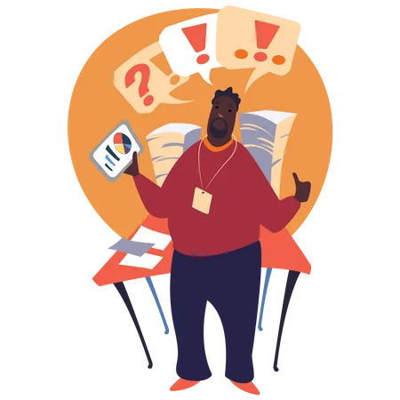 Business Training Vector Man Holding Document With Charts And Data Office Worker With Badge On Neck Exclamation And Question Marks Above Head Workspace Table Loaded With Papers Flat Style Illustration