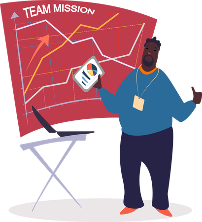 Business Coach mit Team-Mission-Daten-Whiteboard  Illustration