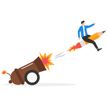 大砲から鉛筆を空に向けて発射するビジネスコーチ  イラスト