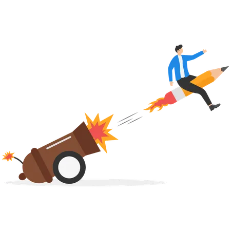 大砲から鉛筆を空に向けて発射するビジネスコーチ  イラスト