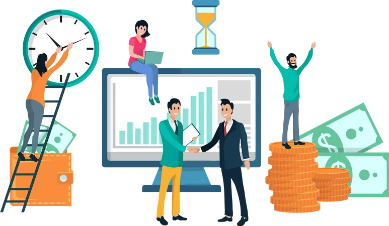Infochart On Computer Monitor Vector People Meeting Partners Handshake Wallet With Money Banknotes And Cash Ladder With Clock Deadline Time Sign Illustration