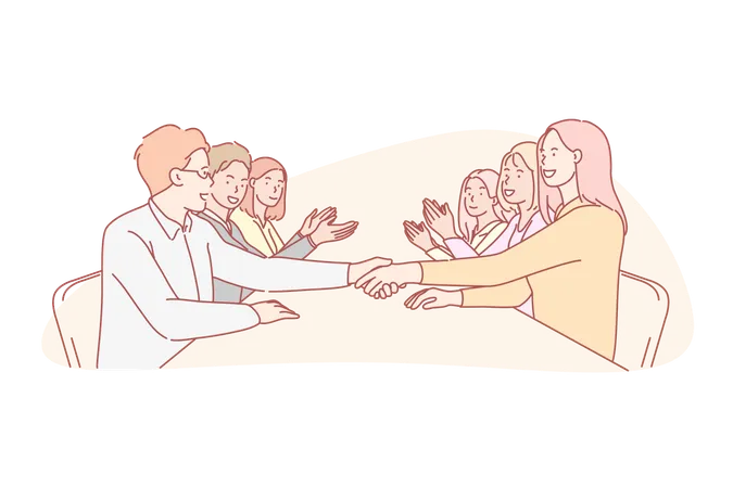 Business Collaboration Negotiation Team Agreement Concept Businessmen And Women Collaboration Meeting At Office Business Teams Bosses Made Deal At Negotiations Shake Hands And Applause Illustration