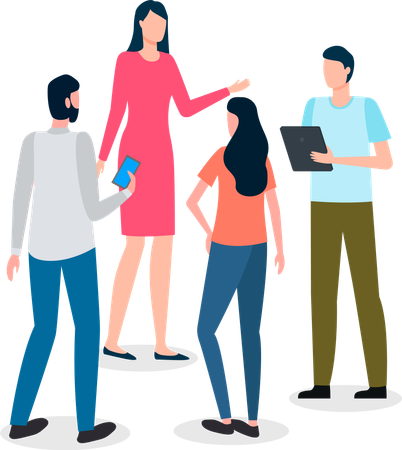 Business colleagues standing in group and communicating about work  Illustration