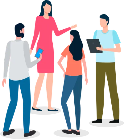 Business colleagues standing in group and communicating about work  Illustration