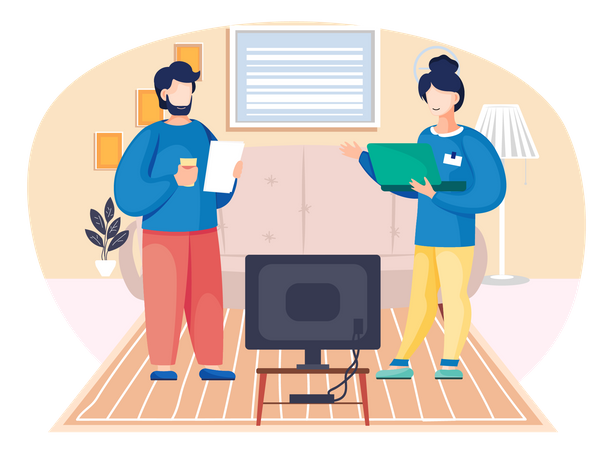 Business collogue with laptop talking together in the room  Illustration