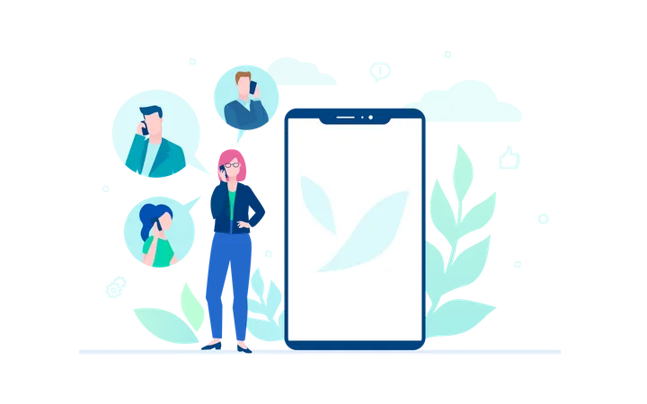 Business Communication Colorful Flat Design Style Illustration On White Background A Young Businesswoman Talking To Her Colleagues Partners A Smartphone With Place For Your Image Illustration