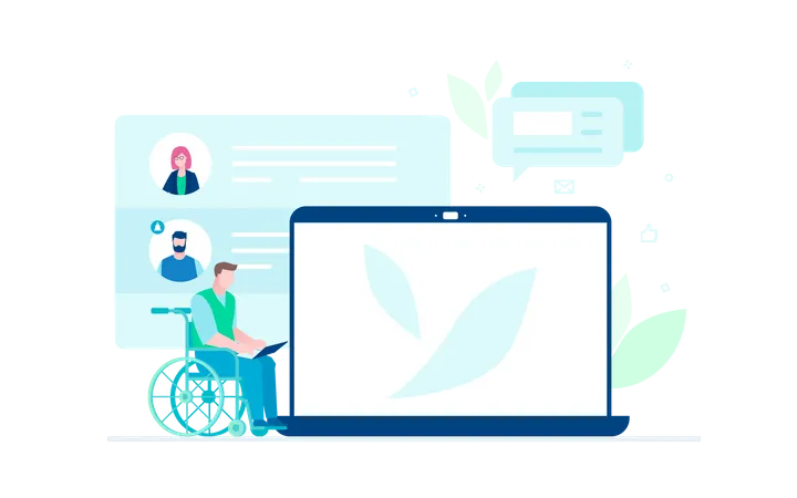 Business Communication Colorful Flat Design Style Illustration On White Background A Disabled Person In A Wheelchair Working Chatting With Colleagues A Laptop With Place For Your Image Illustration