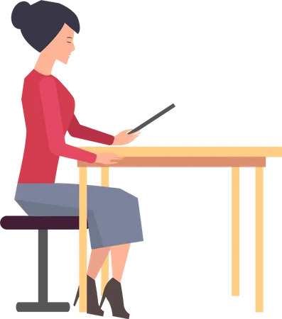 Business company employee at table with tablet PC doing work online  Illustration