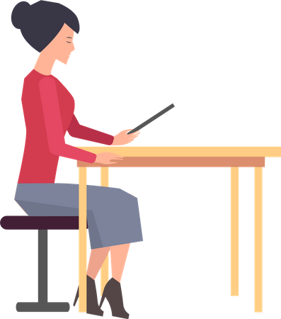 Business company employee at table with tablet PC doing work online  Illustration