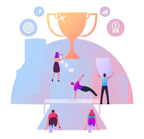 Business Competition Obstacles Race Office People Characters Running With Barriers To Win Gold Goblet On Huge Pedestal Leadership Colleagues Chase Successful Leader Cartoon Vector Illustration Illustration