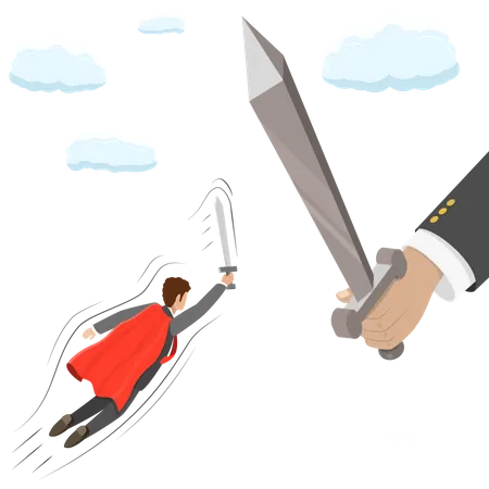 Small Business VS Big Flat Isometric Vector Concept A Businessman That Looks Like A Superhero Is Flying With Sword In His Hand To Fight With Huge Hand With Big Sword Illustration
