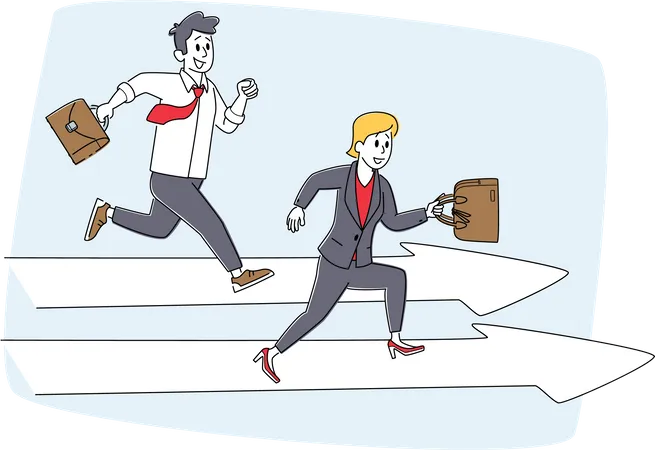 Careerist Chase Business People Characters Social Climbers Running Competition Businesspeople Hold Briefcase Run On Huge Arrows Leadership Successful Colleagues Sprint Linear Vector Illustration Illustration