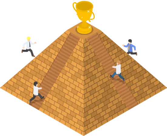 Flat 3 D Isometric Businessman And Rival Trying To Get Winner Trophy At The Top Of Pyramid Business Competition Concept Illustration