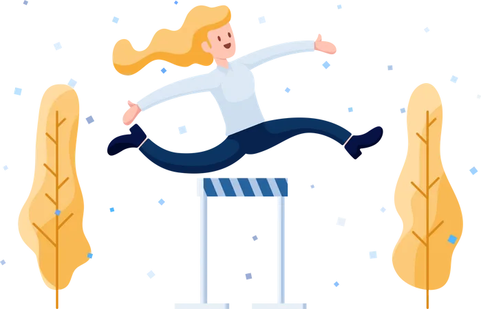 Happy Businesswoman Jumping Celebration Over Obstacle Overcoming Obstacles And Career Achievement Concept Illustration