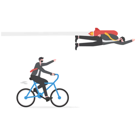Boost Fast Speed To Win Business Competition High Performance Employee Competitive Advantage Winner Innovation Or Skill To Success Concept Businessman Winner Riding Rocket Another On Slow Bye Cycle Illustration