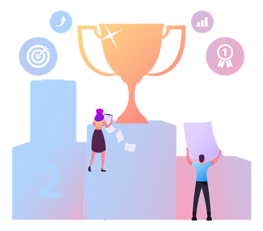 Business Competition Concept. Tiny Businessperson Characters Climbing On Pedestal With Golden Goblet On Top. Goal Achievement, Success Challenge And Leadership. Cartoon People Vector Illustration Illustration