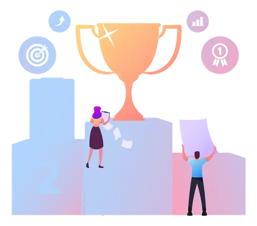 Business Competition Concept. Tiny Businessperson Characters Climbing On Pedestal With Golden Goblet On Top. Goal Achievement, Success Challenge And Leadership. Cartoon People Vector Illustration  Illustration