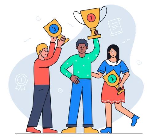 Business Victory Colorful Flat Design Style Poster With Thematic Linear Icons A Happy Team Colleagues Celebrating A Boy Holding An Award Target Idea Victory Medal Search Options Document Illustration