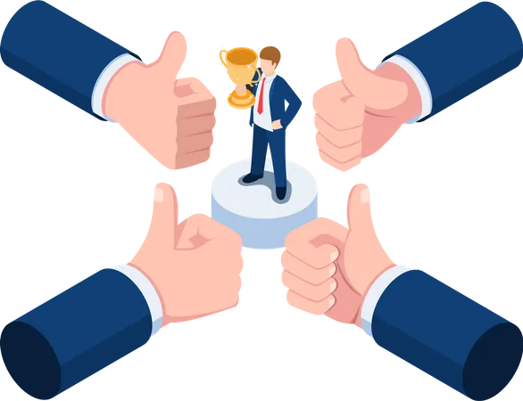 Flat 3 D Isometric Businessman Hands Show Thumb Up Finger Gesture To Business Winner Business Success Concept Illustration