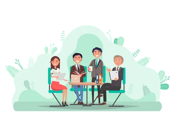 Office Workers Business Meeting Of Man And Woman Project Managers Smiling Businessman Boss And Partners Brainstorming People At Work Vector Illustration In Flat Cartoon Style Illustration