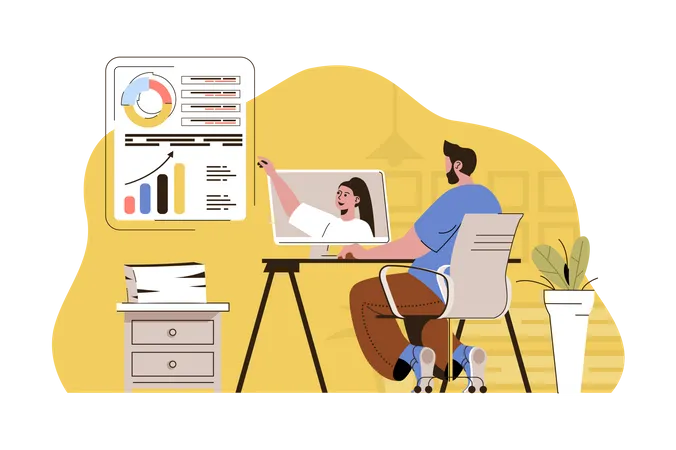 Video Conference Concept Man Discussing Report With Colleague Via Video Chat Situation Remote Work Online People Scene Vector Illustration With Flat Character Design For Website And Mobile Site Illustration