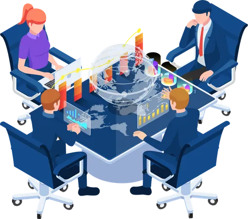 Flat 3 D Isometric Group Of Businesspeople Meeting And Analyzing Chart And Graph Around Futuristic Interactive Table Business Conference And Technology Concept Illustration