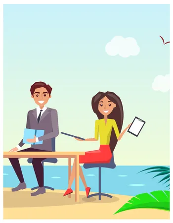 Business Conference Poster With Headline And Text People Sitting By Table And Representing Report Beach And Sea Isolated On Vector Illustration Illustration