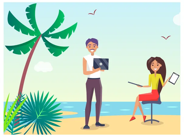 Business Conference Poster With Working People Man With Laptop And Woman Sitting With Papers Beach And Seaside Isolated On Vector Illustration Illustration