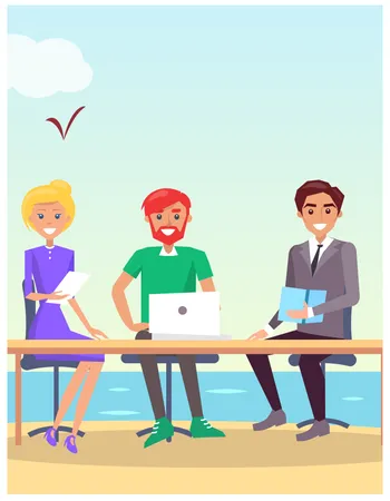 Business Conference At Seaside Poster With Text Sample And Workers Teamwork At Summer Beach Table And Seats Isolated On Vector Illustration 일러스트레이션