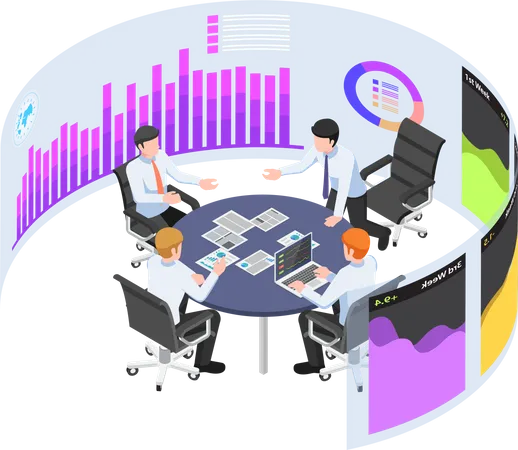 Flat 3 D Isometric Business Team In Conference Event With Marketing And Financial Data In Virtual Reality Board Teamwork And Brainstorm In Business Concept Illustration
