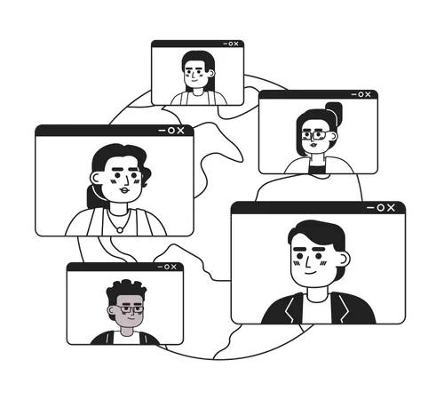 Business Conference Networking Online Black And White 2 D Illustration Concept Virtual Meeting Colleagues Around World Isolated Cartoon Outline Characters Collab Metaphor Monochrome Vector Art Illustration