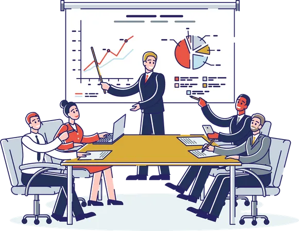 Financial Situation On Market Financial Expert Leader Stands At Screen And Make Presentation Before An Audience Man Shows Financial Report Cartoon Linear Outline Flat Style Vector Illustration 일러스트레이션