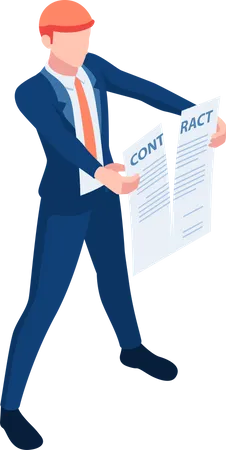 Flat 3 D Isometric Businessman Tearing Apart Contract Document Business Contract Termination Concept イラスト