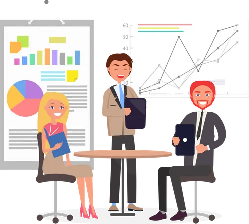 Business Conversation In Office Colorful Poster Vector Illustration With Successful People On Meeting Discussing Statistical Information And Goals Illustration