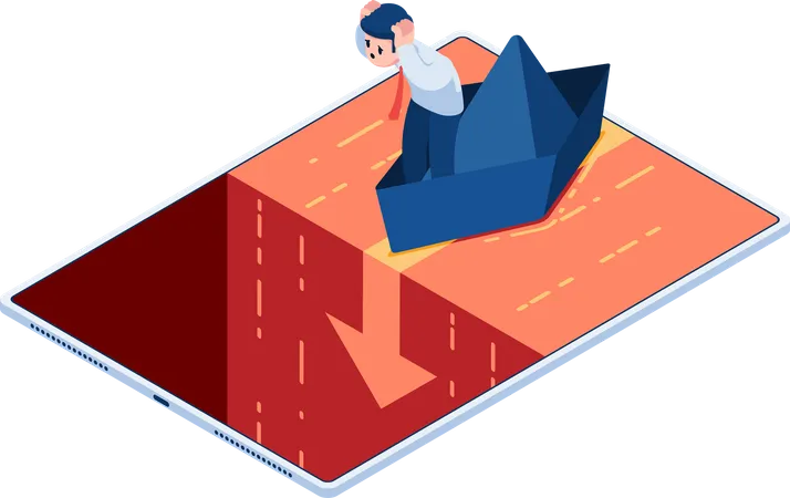 Flat 3 D Isometric Businessman On A Paper Boat Heading To The Red Ocean Waterfall Red Ocean Market And Business Crisis Situation Concept Illustration