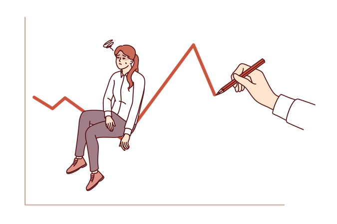 Business crisis for female manager sitting on unstable chart, near hand with pencil  Illustration